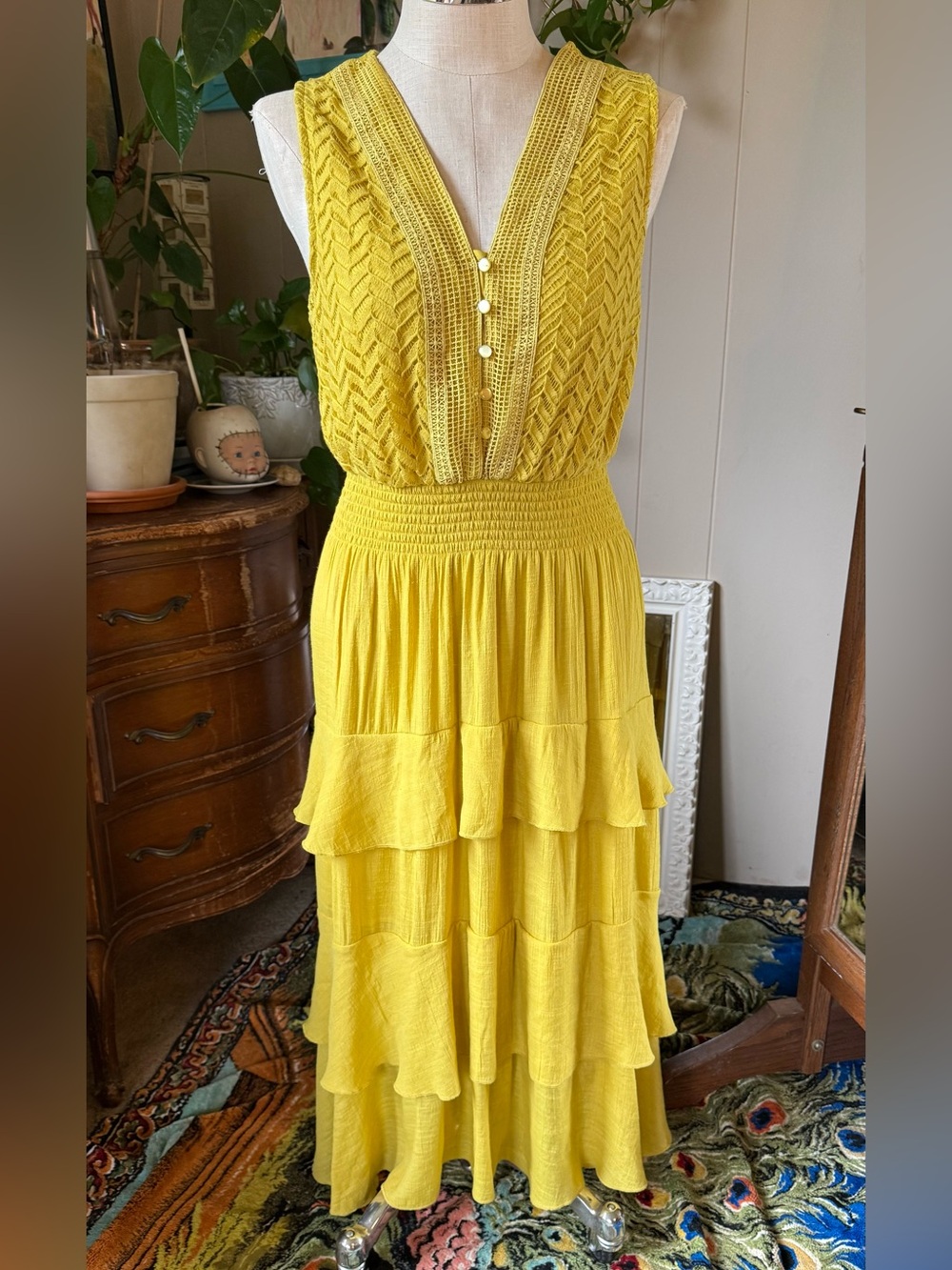 Kings Road Mustard Maxi Dress, Crochet, Tiered Ruffles, Plus Size 2X